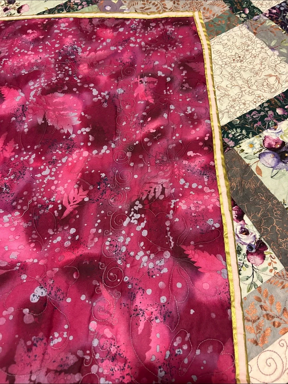 ONE OF A KIND - HANDCRAFTED Quilt in Shades of Purples, Green and Cream